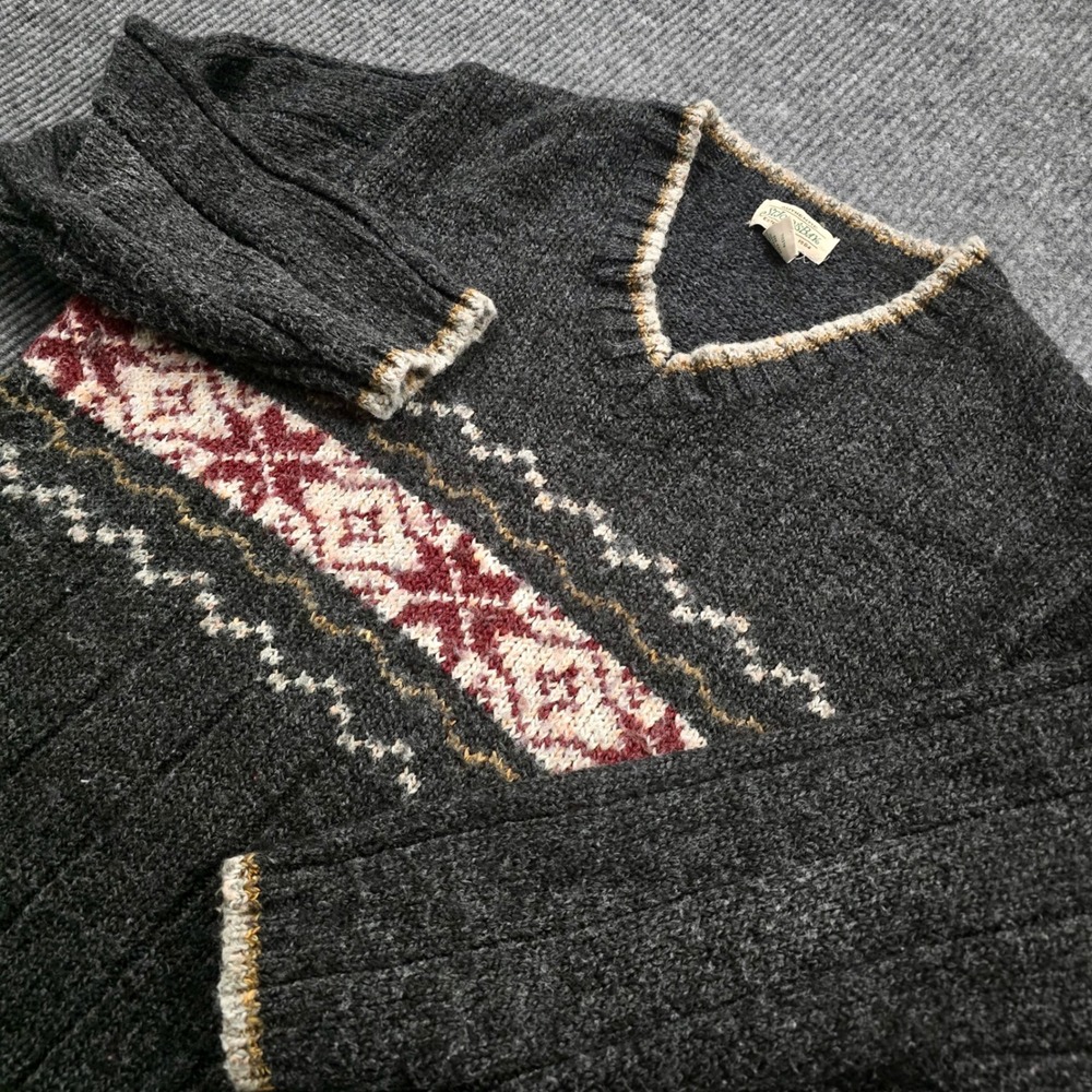St Johns Bay Sweater Women's 3X Gray Fair Isle V Neck Wool Blend Chunky Knit